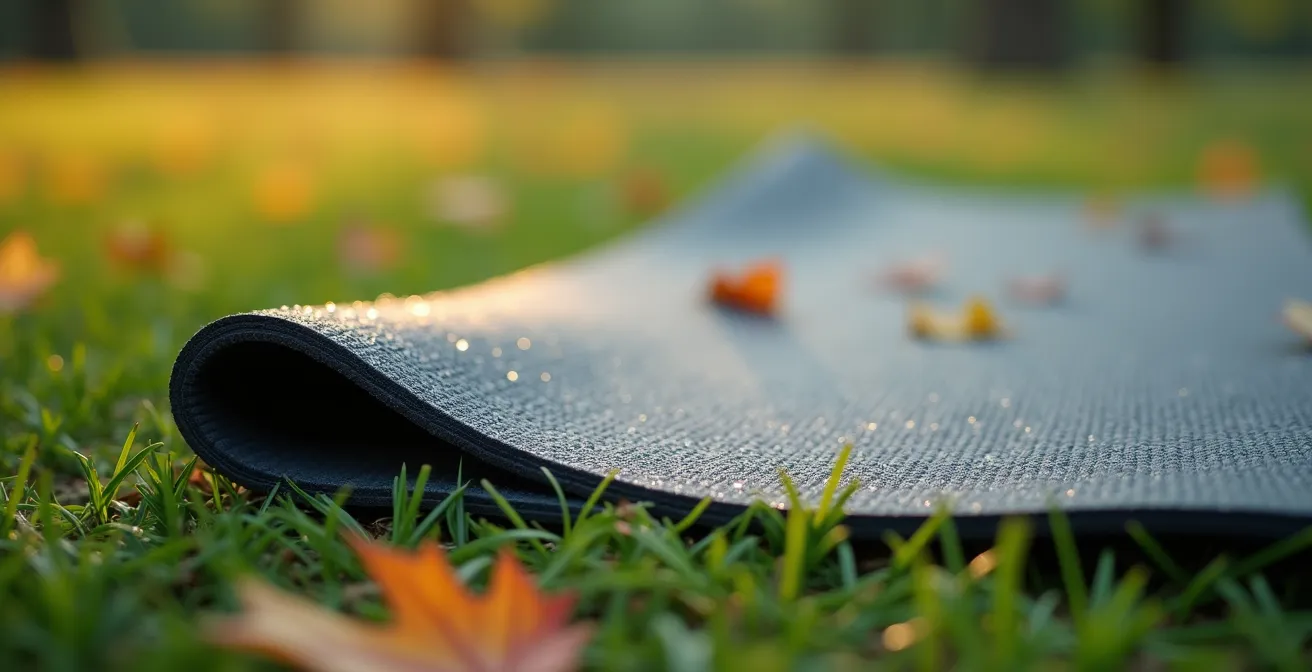 Tapis de yoga épais posé sur l'herbe d'un parc avec texture caoutchouc visible