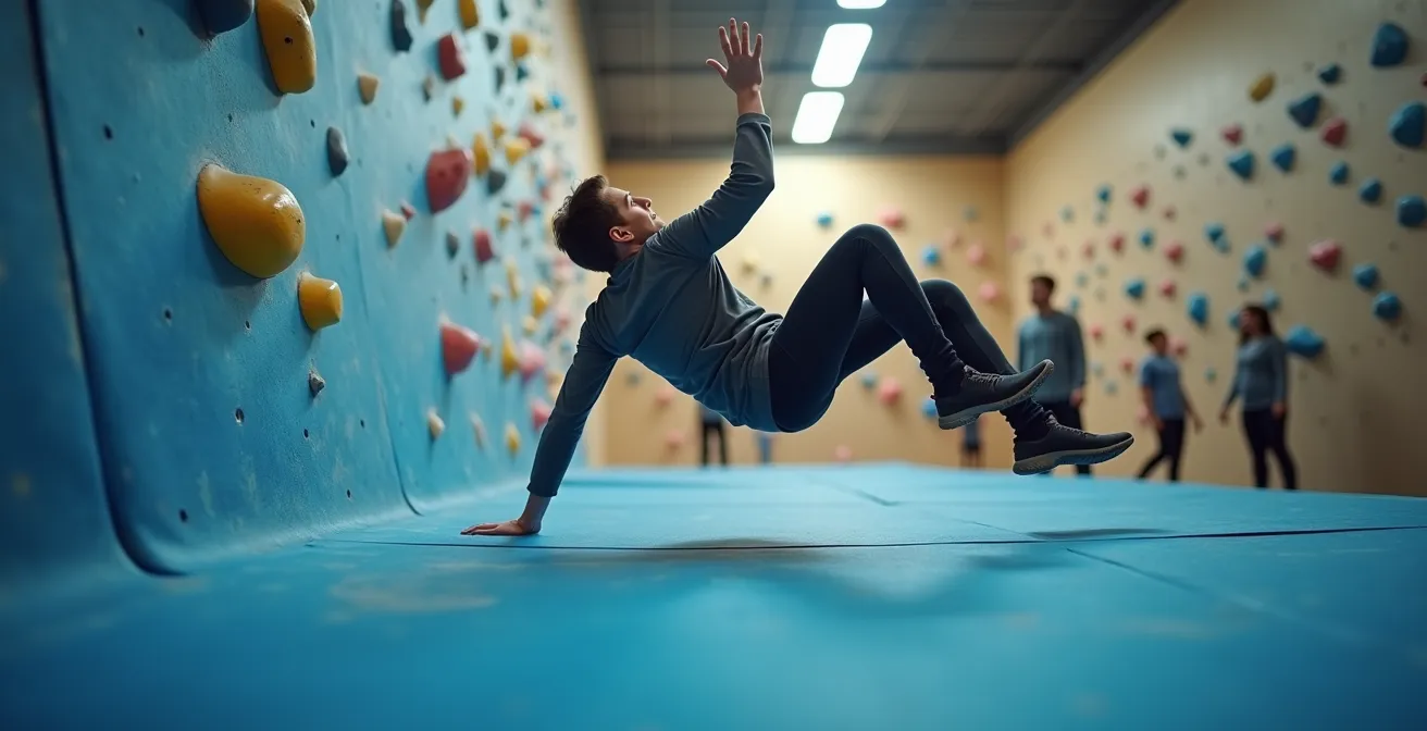 Démonstration de la technique de réception sécuritaire sur tapis d'escalade de bloc
