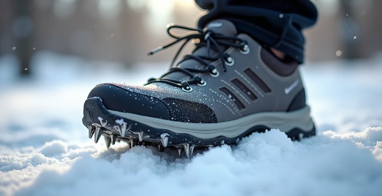 Gros plan macro sur les crampons d'une chaussure s'enfonçant dans la neige fraîche