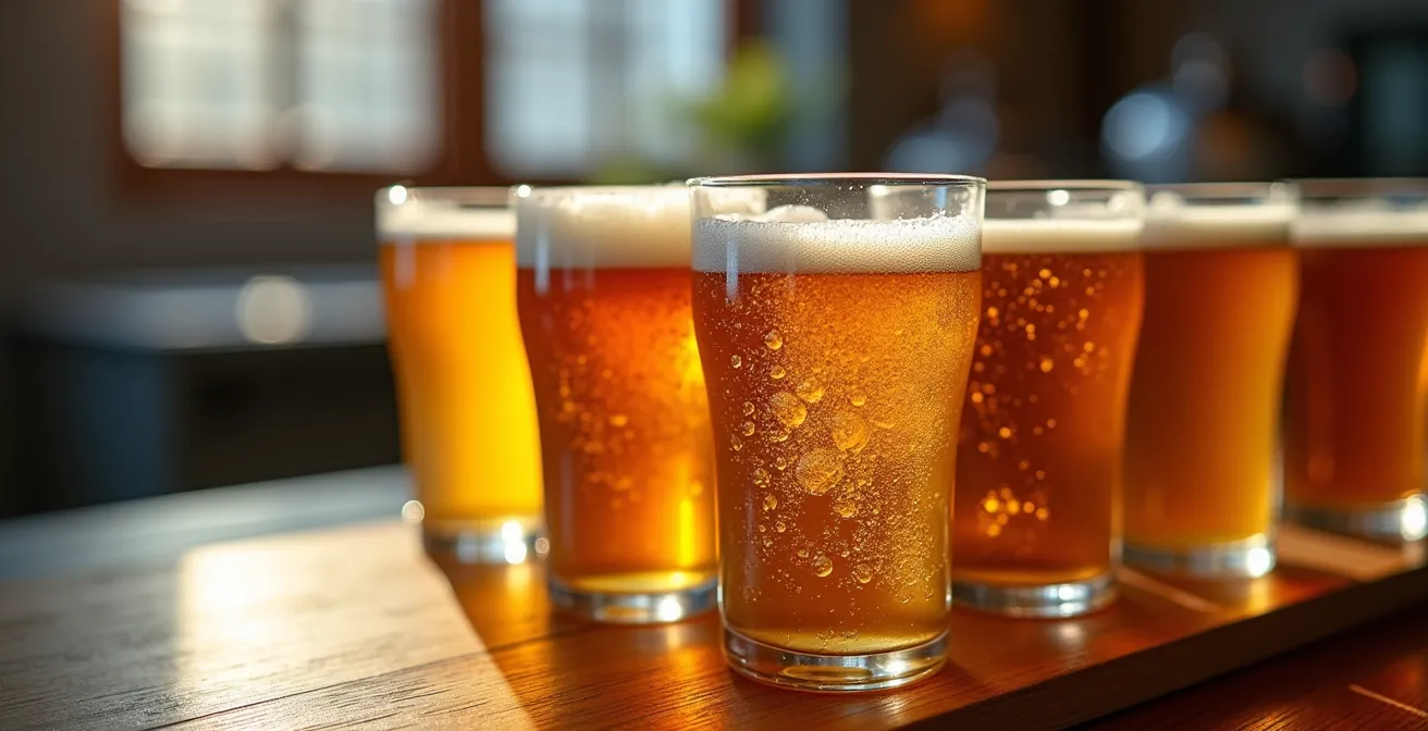 Terrasse ensoleillée d'une microbrasserie de Rosemont avec groupe d'amis partageant une dégustation de bières locales