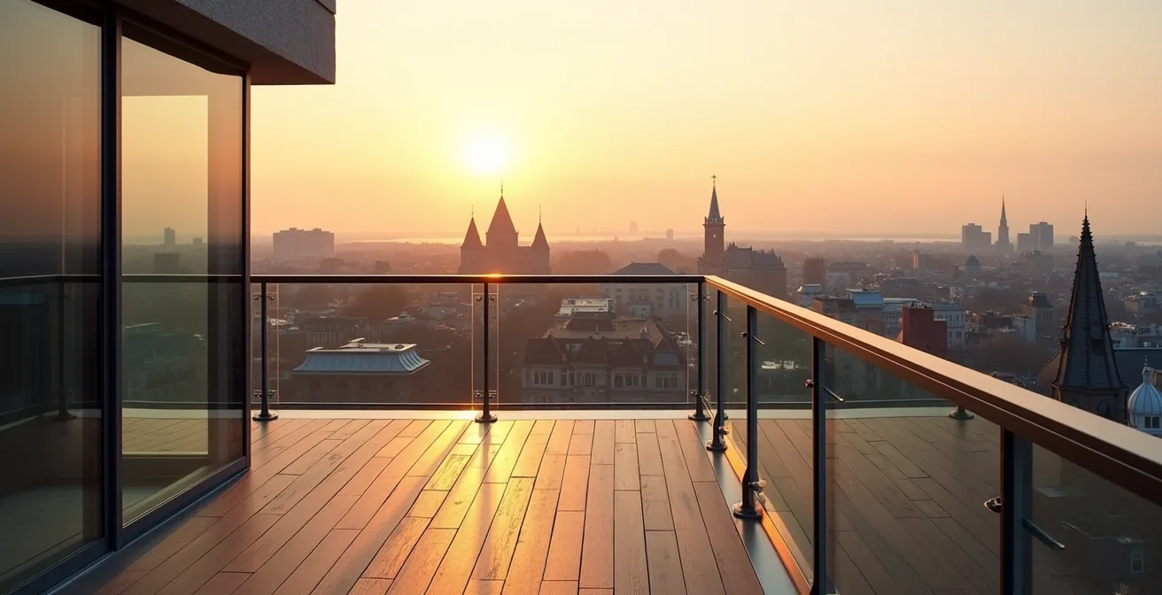 Vue depuis une terrasse sur toit avec panorama du Vieux-Montréal au coucher du soleil