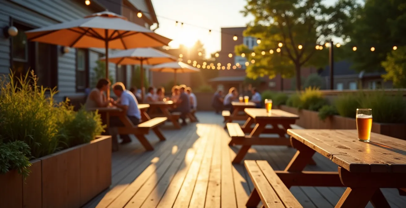 Terrasse ensoleillée d'une microbrasserie avec tables en bois et végétation urbaine