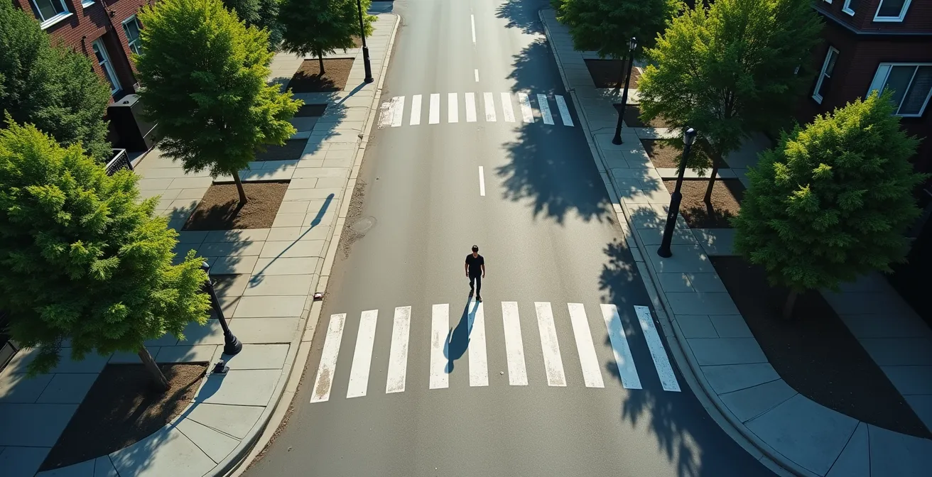 Vue aérienne d'un marcheur chronométrant son parcours entre deux stations de métro à Montréal