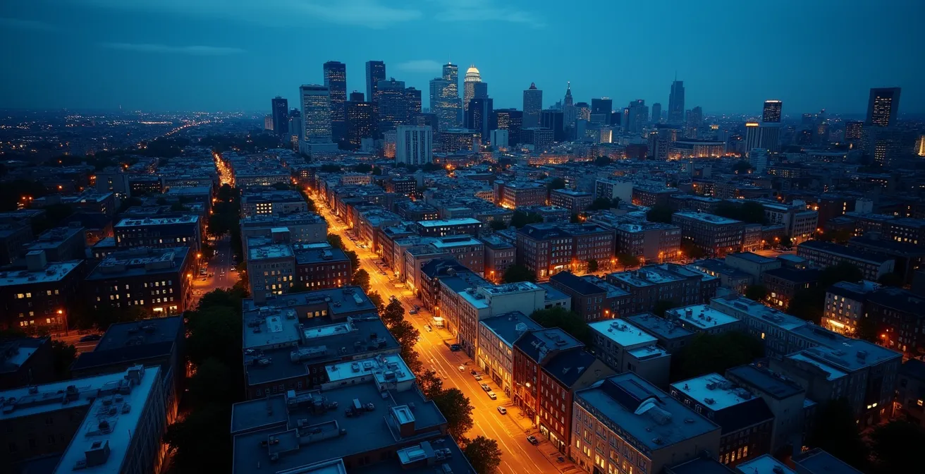 Vue aérienne artistique montrant les traces urbaines des anciennes fortifications de Montréal dans le tracé des rues