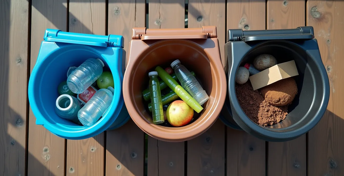 Guide visuel du système de tri des déchets montréalais avec bacs de couleurs distinctes