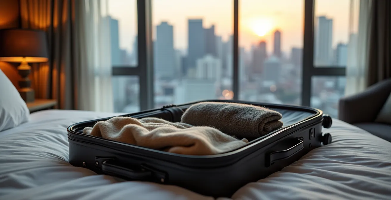 Gros plan sur une valise ouverte dans une chambre d'hôtel montréalaise avec vue floue sur le skyline en arrière-plan