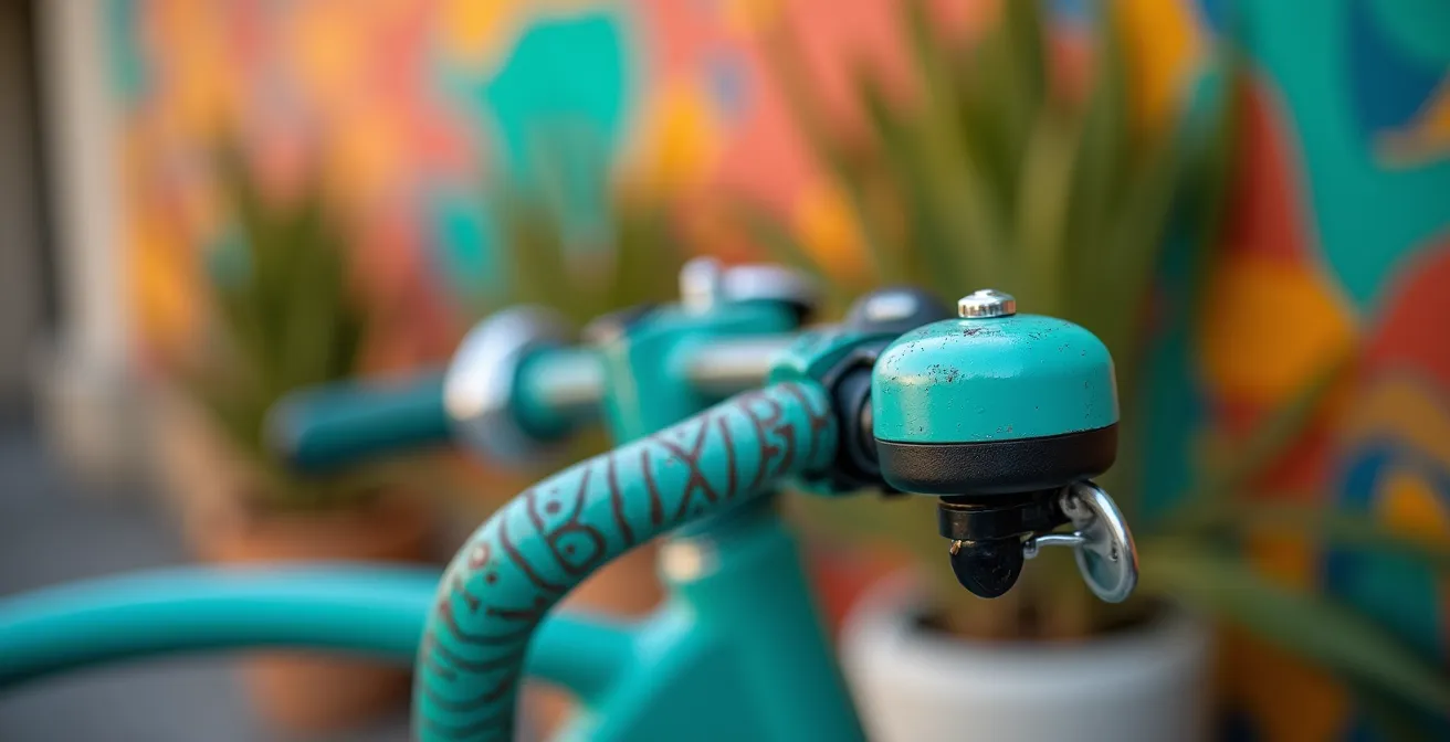 Vélo BIXI stationné devant une murale colorée avec des plantes de terrasse de café au premier plan