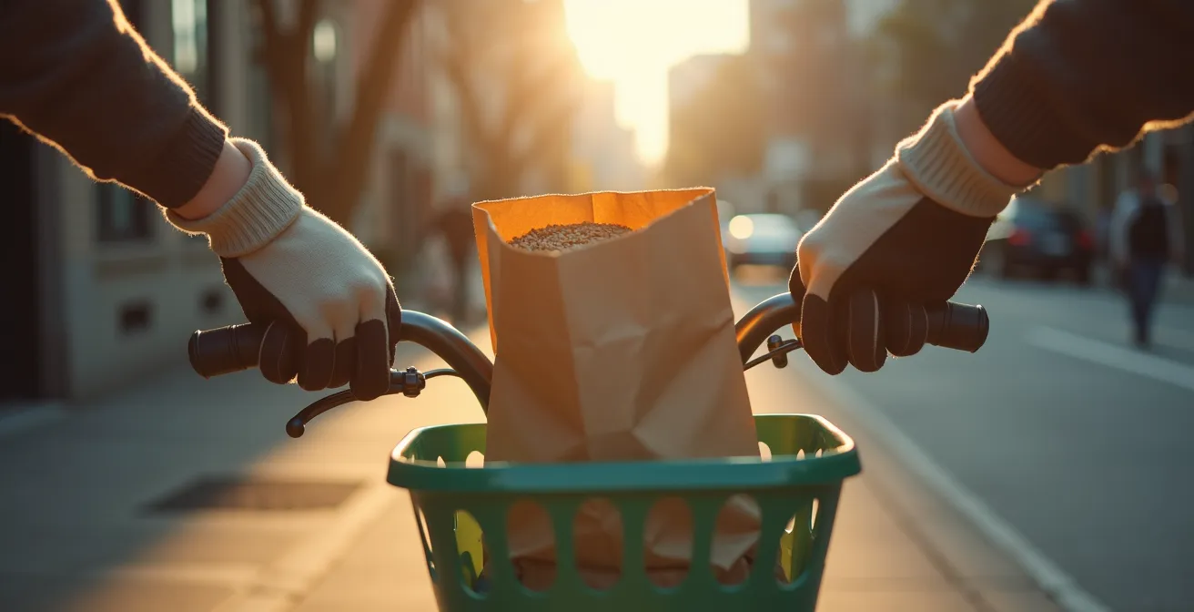 Vélo BIXI avec sac de bagels dans le panier sur une rue du Mile End
