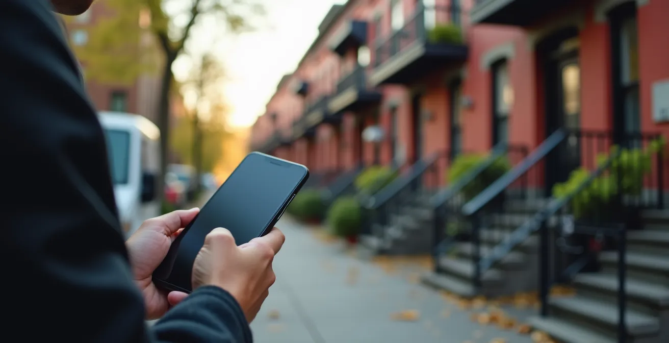 Main tenant un smartphone montrant une rue résidentielle typique de Montréal avec des escaliers extérieurs