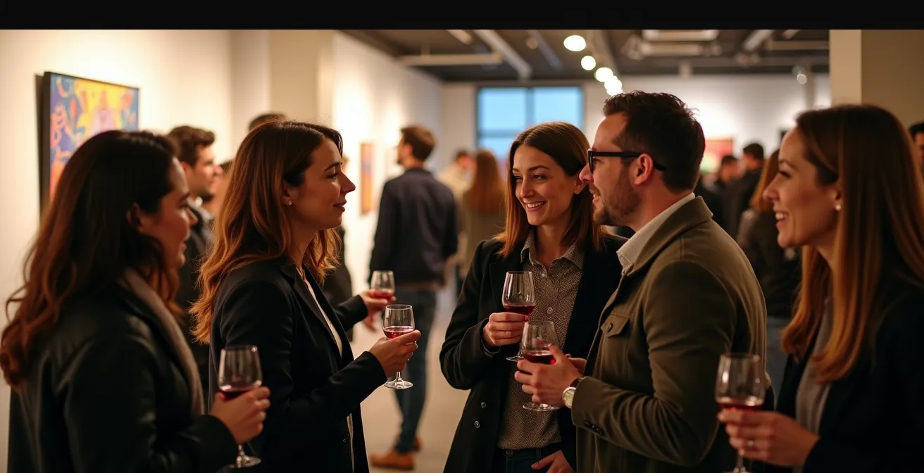 Intérieur animé d'une galerie du Belgo avec visiteurs discutant devant œuvres contemporaines