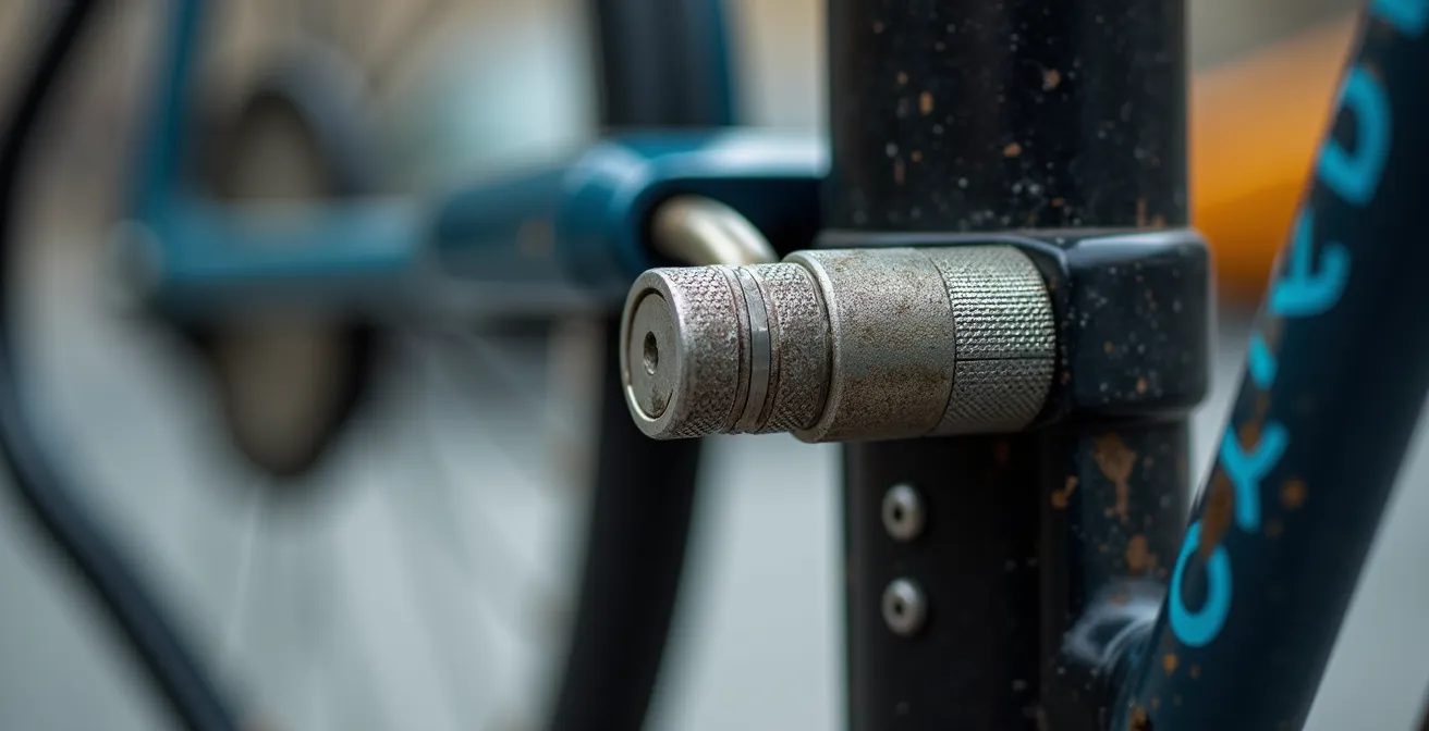 Gros plan sur un vélo correctement verrouillé avec cadenas en U sur un support officiel