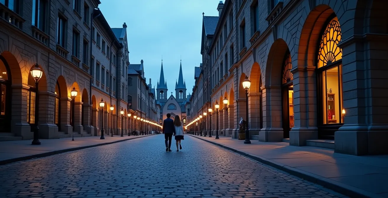 Architecture historique du Vieux-Montréal baignée dans la lumière dorée du soir