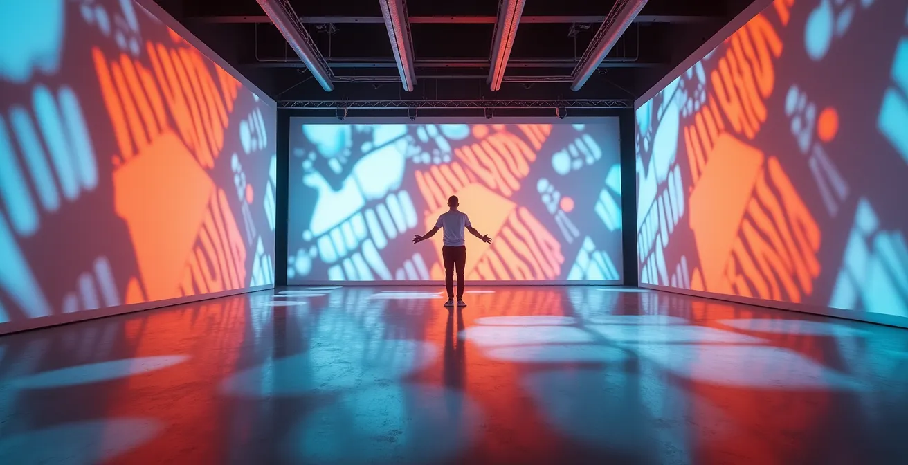 Visiteurs contemplant paisiblement des projections immersives dans un espace aéré avec distance optimale des murs