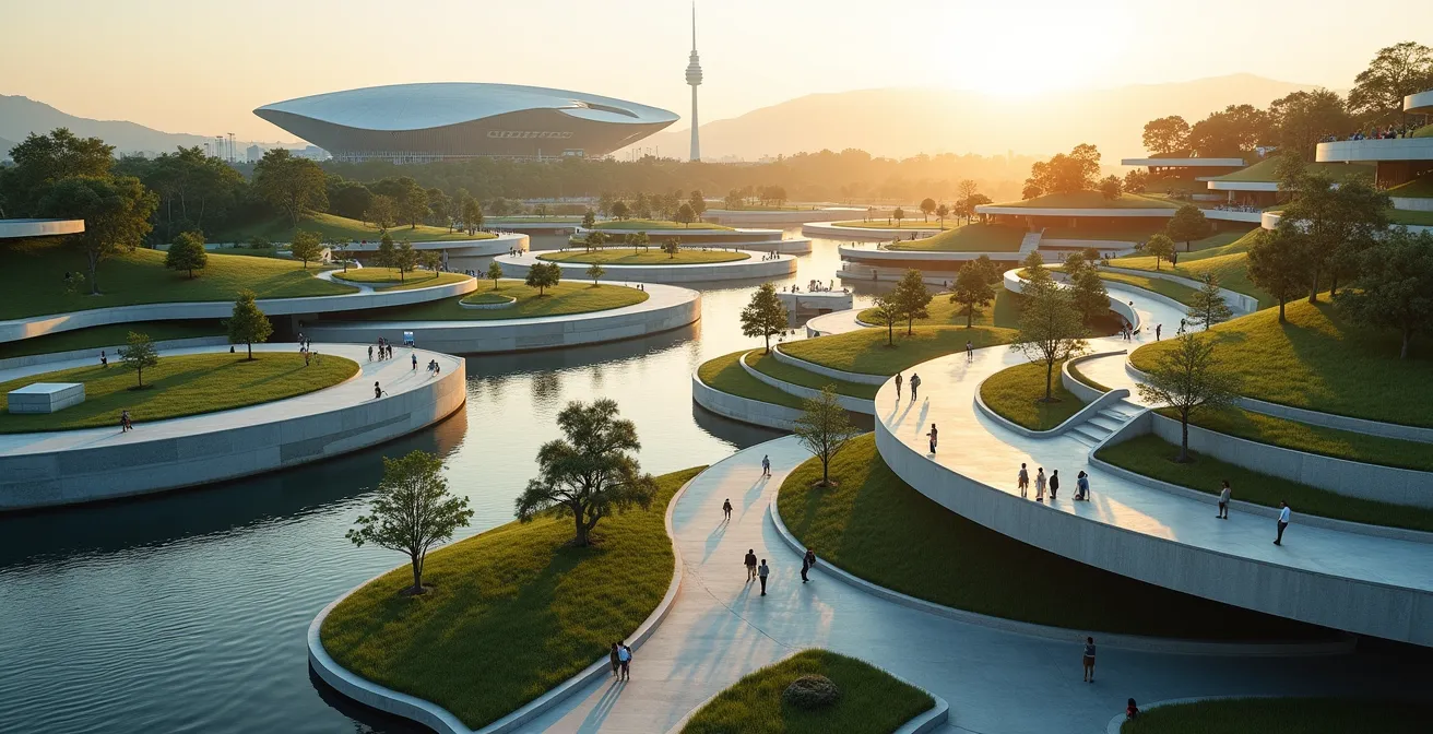 Vue aérienne de l'Esplanade montrant les différents niveaux et espaces verts isolés